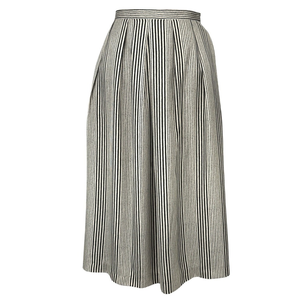 AQUASCUTUM of London Vintage Striped Pleated Black Tan Pockets Midi‎ Skirt Sz 10